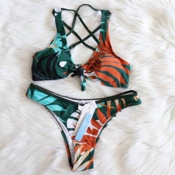NEW Green Leafy Tropical Print High Leg Cut Bikini Swim Set Size Large - Picture 3 of 9